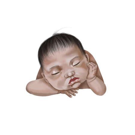 An Asian newborn baby is asleep. Watercolor realistic babyの写真素材