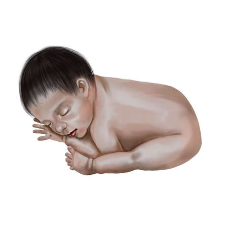 An Asian newborn baby is asleep. Watercolor realistic babyの写真素材