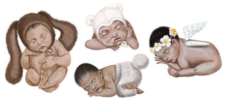 watercolor set of newborn babies. Babies of Asian appearance isolated on a white backgroundの写真素材