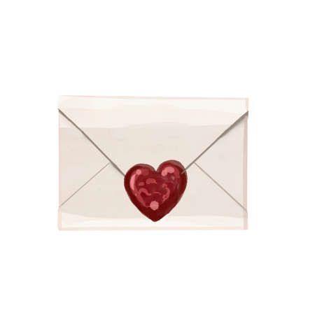 Watercolor envelope with a letter. Seal in the shape of a heart. Postal letter isolated on a white backgroundの写真素材