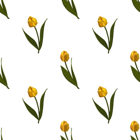 Watercolor seamless pattern. White terry tulips with yellow petals. Flowers Digital Printの写真素材