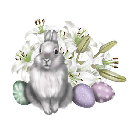 Watercolor Easter composition. rabbits, Easter eggs and flowersの写真素材