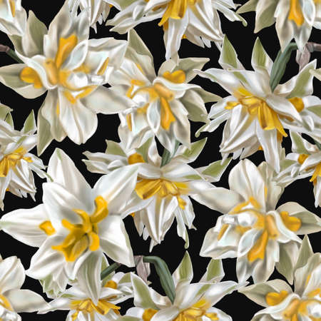 Watercolor seamless pattern. White terry tulips with yellow petals. Flowers Digital Printの写真素材