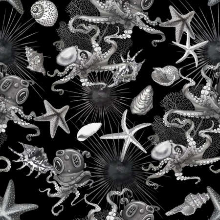 watercolor seamless drawing of sea creatures. Octopuses, starfish and shells are black and white. Digital Paperの写真素材