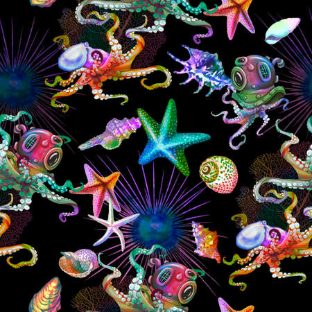 watercolor seamless drawing of sea creatures. Octopuses, starfish and shells are the bright colors of the rainbow on a black background. Digital Paperの写真素材