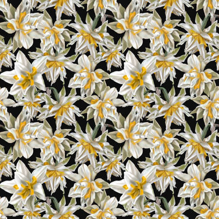 Watercolor seamless pattern. White terry tulips with yellow petals. Flowers Digital Printの写真素材