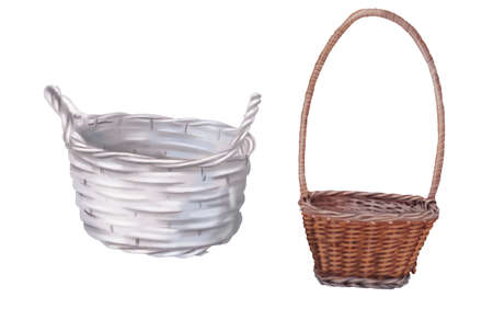 Watercolor set of baskets. empty baskets of white and brown color. Realistic illustrationの写真素材