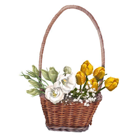 Watercolor spring illustration. Bright flowers in a basket. Realistic illustrationの写真素材