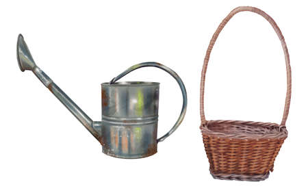 Watercolor set garden watering can and wicker basket. Realistic illustrationの写真素材