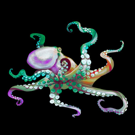 a vivid watercolor illustration of an octopus. Octopus with an underwater rainbow.の写真素材