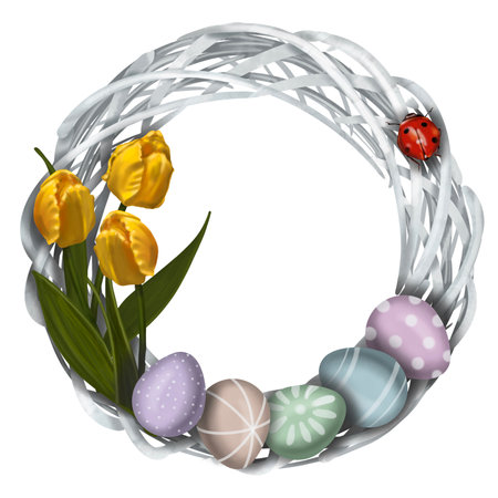 Watercolor Easter wreath. Frame with rabbit, Easter eggs and flowersの写真素材