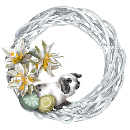 Watercolor Easter wreath. Frame with rabbit, Easter eggs and flowersの写真素材