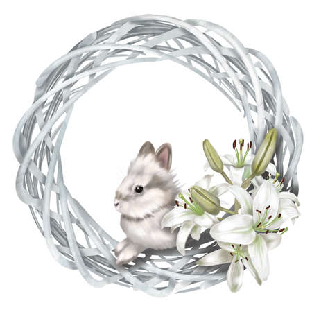 Watercolor Easter wreath. Frame with rabbit, Easter eggs and flowersの写真素材