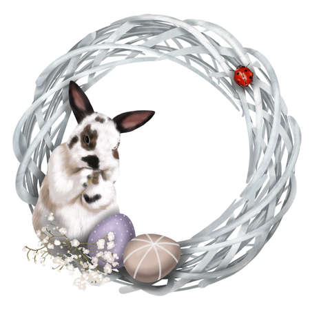 Watercolor Easter wreath. Frame with rabbit, Easter eggs and flowersの写真素材