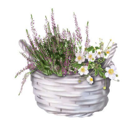 Watercolor spring illustration. Bright flowers in a basket. Realistic illustrationの写真素材