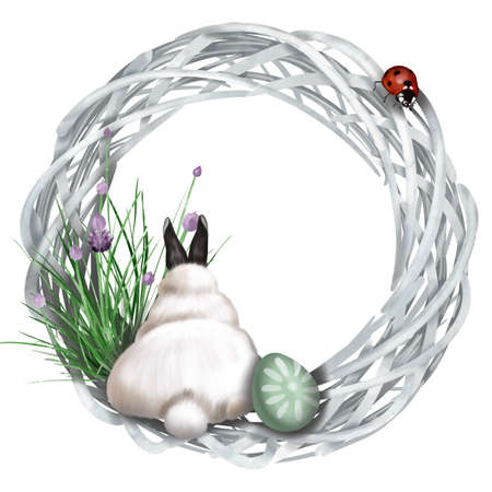 Watercolor Easter wreath. Frame with rabbit, Easter eggs and flowersの写真素材