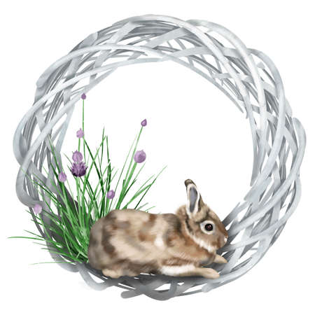 Watercolor Easter wreath. Frame with rabbit, Easter eggs and flowersの写真素材