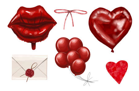 Watercolor red balloon in the shape of womens lips. Isolated on a white backgroundの写真素材