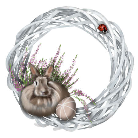 Watercolor Easter wreath. Frame with rabbit, Easter eggs and flowersの写真素材