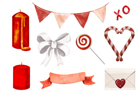Watercolor red Valentine day set. Isolated on a white backgroundの写真素材