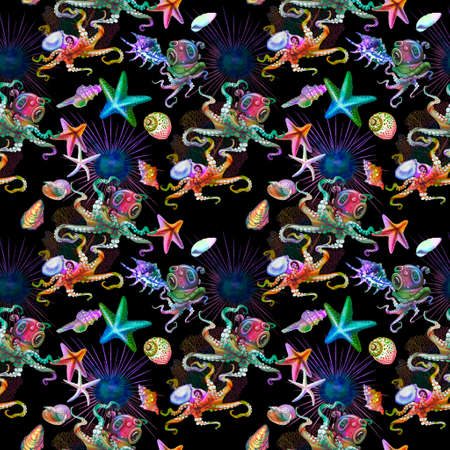 watercolor seamless drawing of sea creatures. Octopuses, starfish and shells are the bright colors of the rainbow on a black background. Digital Paperの写真素材