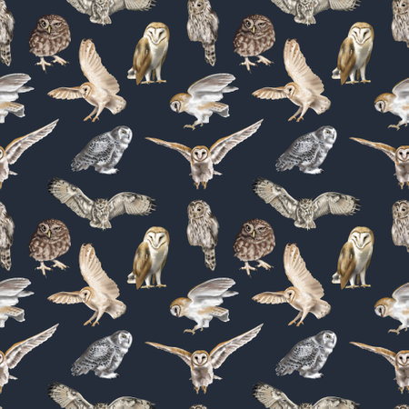 Watercolor Seamless pattern flying owl barn owl. A realistic illustration of an owl. digital paper. White bird with beige wings and head nocturnal birdの写真素材