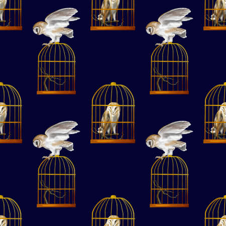 Watercolor Seamless pattern flying owl barn owl. A realistic illustration of an owl. digital paper. White bird with beige wings and head nocturnal birdの写真素材