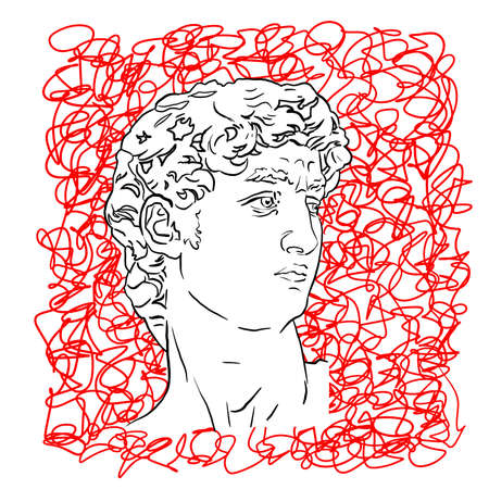 Art illustration of Davids head. linear art. White with red on white backgroundの写真素材