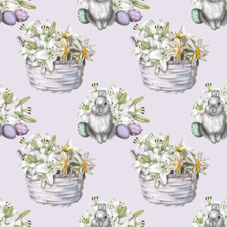 Watercolor seamless Easter pattern. Easter illustration. Rabbit, flower basket and Easter eggsの写真素材