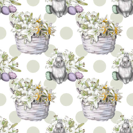 Watercolor seamless Easter pattern. Easter illustration. Rabbit, flower basket and Easter eggsの写真素材