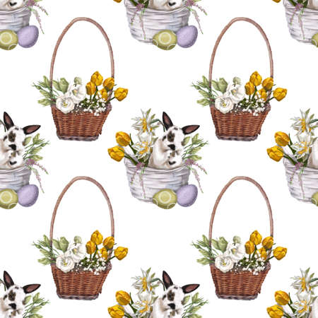 Watercolor seamless Easter pattern. Easter illustration. Rabbit, flower basket and Easter eggsの写真素材