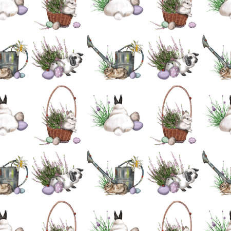 Watercolor seamless Easter pattern. Easter illustration. Rabbit, flower basket and Easter eggsの写真素材