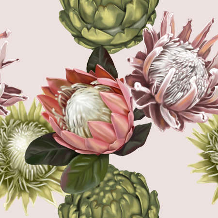 Protea seamless pattern. watercolor realist flowers of protea and anthurium. Illustration wallpaper. fabric printの写真素材