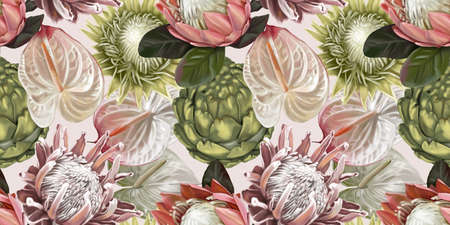 Protea seamless pattern. watercolor realist flowers of protea and anthurium. Illustration wallpaper. fabric printの写真素材