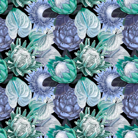 Protea seamless pattern. watercolor realist flowers of protea and anthurium. Illustration wallpaper. fabric printの写真素材