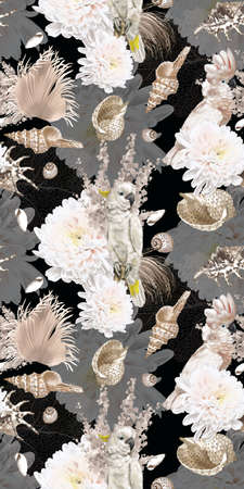 watercolor seamless boho pattern. parrots, flowers and shells. beige patternの写真素材