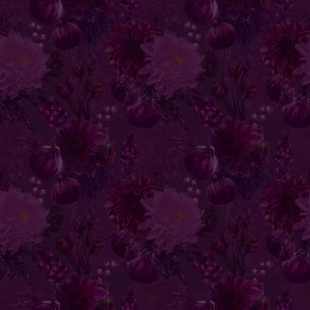 Purple seamless pattern. Purple flowers, berries and figs.の写真素材