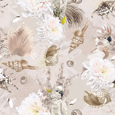 watercolor seamless boho pattern. parrots, flowers and shells. beige patternの写真素材