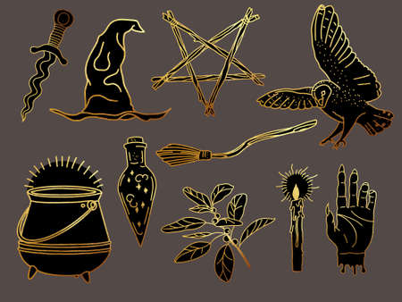 a graphic set of magical accessories. witches and sorcerers. golden graphicsの写真素材