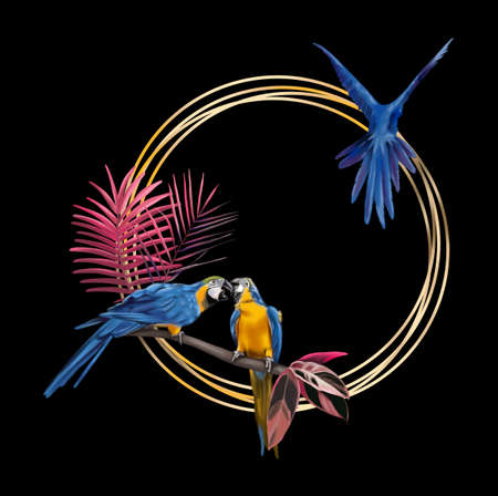 Tropical frame. Golden frame with macaw parrots and palm leavesの写真素材