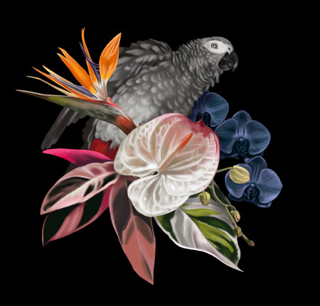 Bird of Paradise. Tropical bouquet. grey parrot, strelitzia, anthurium and orchids. Realistic illustrationの写真素材