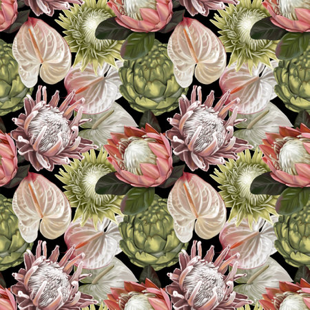 Protea seamless pattern. watercolor realist flowers of protea and anthurium. Illustration wallpaper. fabric printの写真素材