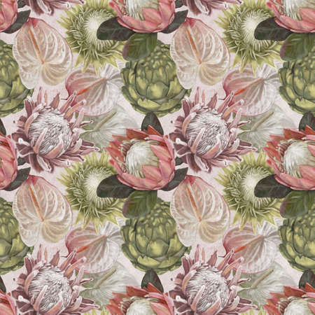 Protea seamless pattern. watercolor realist flowers of protea and anthurium. Illustration wallpaper. fabric printの写真素材