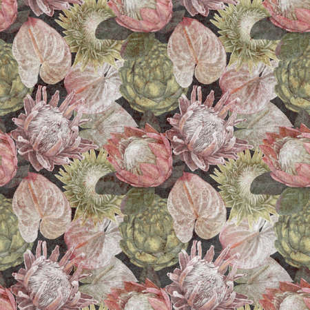 Protea seamless pattern. watercolor realist flowers of protea and anthurium. Illustration wallpaper. fabric printの写真素材
