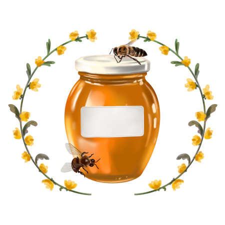 honey composition. watercolor realistic illustration of honey, flowers, honeycombs and beesの写真素材