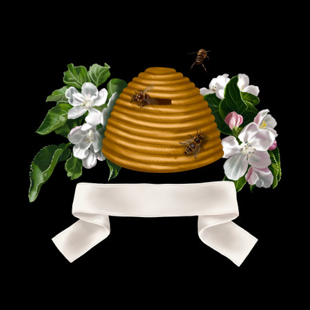 honey composition. watercolor realistic illustration of honey, flowers, honeycombs and beesの写真素材