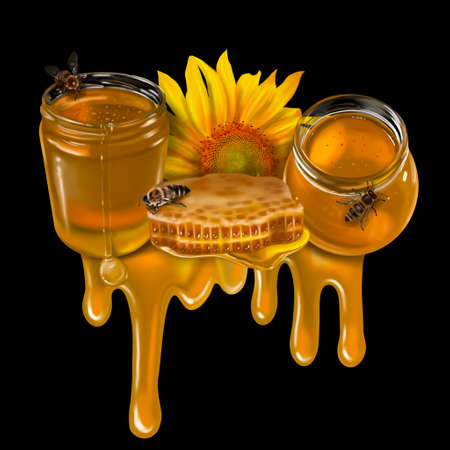 honey composition. watercolor realistic illustration of honey, flowers, honeycombs and beesの写真素材