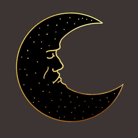 Illustration of a crescent moon. Moon tarot card. graphic illustration with gold lines on a dark backgroundの写真素材