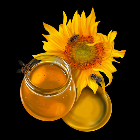 honey composition. watercolor realistic illustration of honey, flowers, honeycombs and beesの写真素材