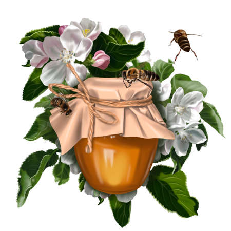 honey composition. watercolor realistic illustration of honey, flowers, honeycombs and beesの写真素材